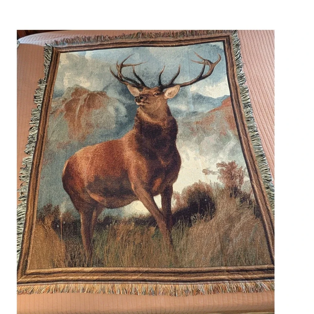 VTG Mountain Elk Tapestry Throw Blanket 51x68 Woven Cotton Fringed Made in USA